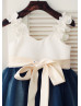 Ivory Satin Navy Blue Tulle Ruffle Straps Flower Girl Dress